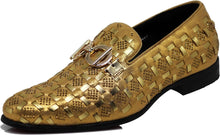 Load image into Gallery viewer, Men&#39;s Luxury Glitter Gold Checkered Pattern Loafer Style Dress Shoes
