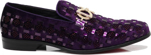 Men's Luxury Glitter Purple Checkered Pattern Loafer Style Dress Shoes