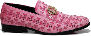 Men's Luxury Glitter Pink Checkered Pattern Loafer Style Dress Shoes