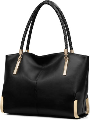 Gold Metal Black Genuine Leather Top Handle Tote Style Handbag