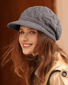 Chunky Knit Beige Visor Brim Winter Hat