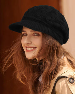 Chunky Knit Black Visor Brim Winter Hat