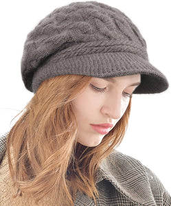Chunky Knit Beige Visor Brim Winter Hat