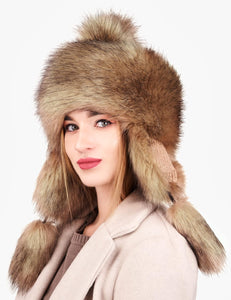 Russian Faux Fur Black Lined Winter Knit Trapper Hat
