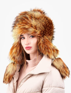 Russian Faux Fur Honey Brown Lined Winter Knit Trapper Hat