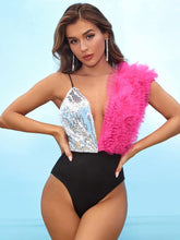 Load image into Gallery viewer, Stylish Pink Deep V Halter Two Tone Ruffled Bodysuit