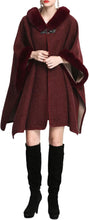 Load image into Gallery viewer, Stylish Burgundy Red Wool Hooded Fur Poncho Cardigan