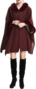 Stylish Burgundy Red Wool Hooded Fur Poncho Cardigan