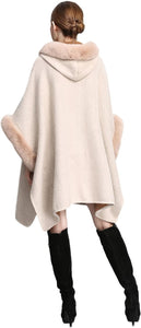 Stylish Black & White Checkered Wool Hooded Fur Poncho Cardigan