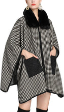 Load image into Gallery viewer, Stylish Black &amp; White Checkered Wool Hooded Fur Poncho Cardigan