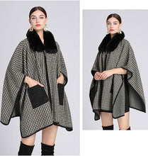Load image into Gallery viewer, Stylish Black &amp; White Checkered Wool Hooded Fur Poncho Cardigan