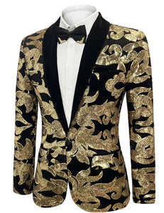 Gold Men's Sequin Floral Party Long Sleeve Blazer