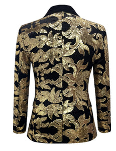 Gold Men's Sequin Floral Party Long Sleeve Blazer