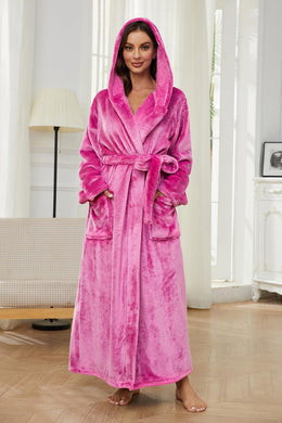 Warm Fleece Pink Long Plush Hooded Bathrobe