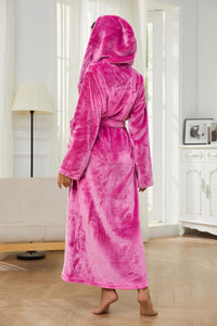 Warm Fleece Pink Long Plush Hooded Bathrobe