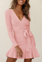 Load image into Gallery viewer, Ruffled Knit Fuchsia Pink Long Sleeve Wrap Style Sweater Dress