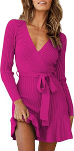 Ruffled Knit Fuchsia Pink Long Sleeve Wrap Style Sweater Dress
