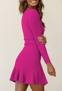 Ruffled Knit Fuchsia Pink Long Sleeve Wrap Style Sweater Dress