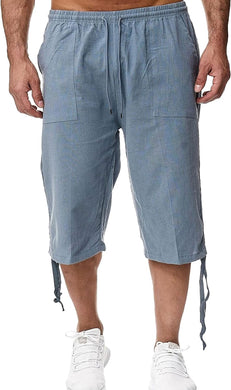 Men's Light Blue Summer Linen Drawstring Capri Shorts