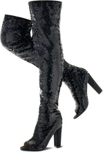 Load image into Gallery viewer, Sparkling Black Colorful Sequin Thigh High Over The Knee Boots
