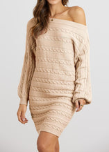 Load image into Gallery viewer, Cable Knit White Off Shoulder Long Sleeve Sweater Dress
