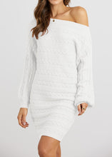 Load image into Gallery viewer, Cable Knit White Off Shoulder Long Sleeve Sweater Dress