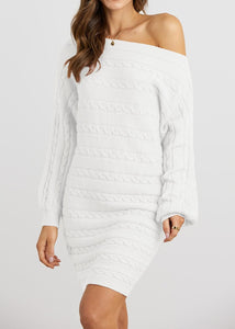 Cable Knit White Off Shoulder Long Sleeve Sweater Dress