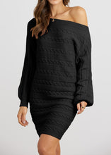 Load image into Gallery viewer, Cable Knit Black Off Shoulder Long Sleeve Sweater Dress