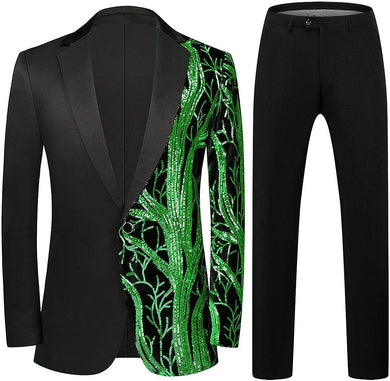 Men's Fashionable Tuxedo Black/Green Sequin Blazer & Pants Suit