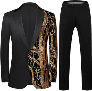 Men's Fashionable Tuxedo Black/Blue Sequin Blazer & Pants Suit