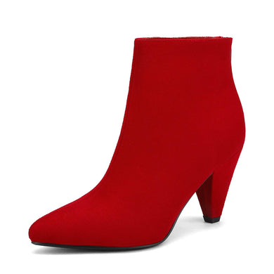 Red Suede Winter Chic Pointy Toe Low Heel Ankle Boots