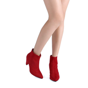 Red Suede Winter Chic Pointy Toe Low Heel Ankle Boots