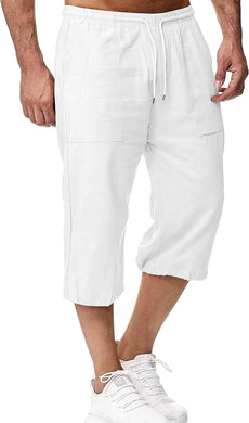 Men's Cotton Linen White Drawstring Capri Shorts