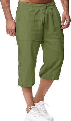 Men's Cotton Linen Green Drawstring Capri Shorts