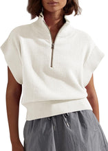 Load image into Gallery viewer, Winter White Knit Zip Front Short Sleeve Cropped Sweater