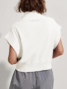 Winter White Knit Zip Front Short Sleeve Cropped Sweater