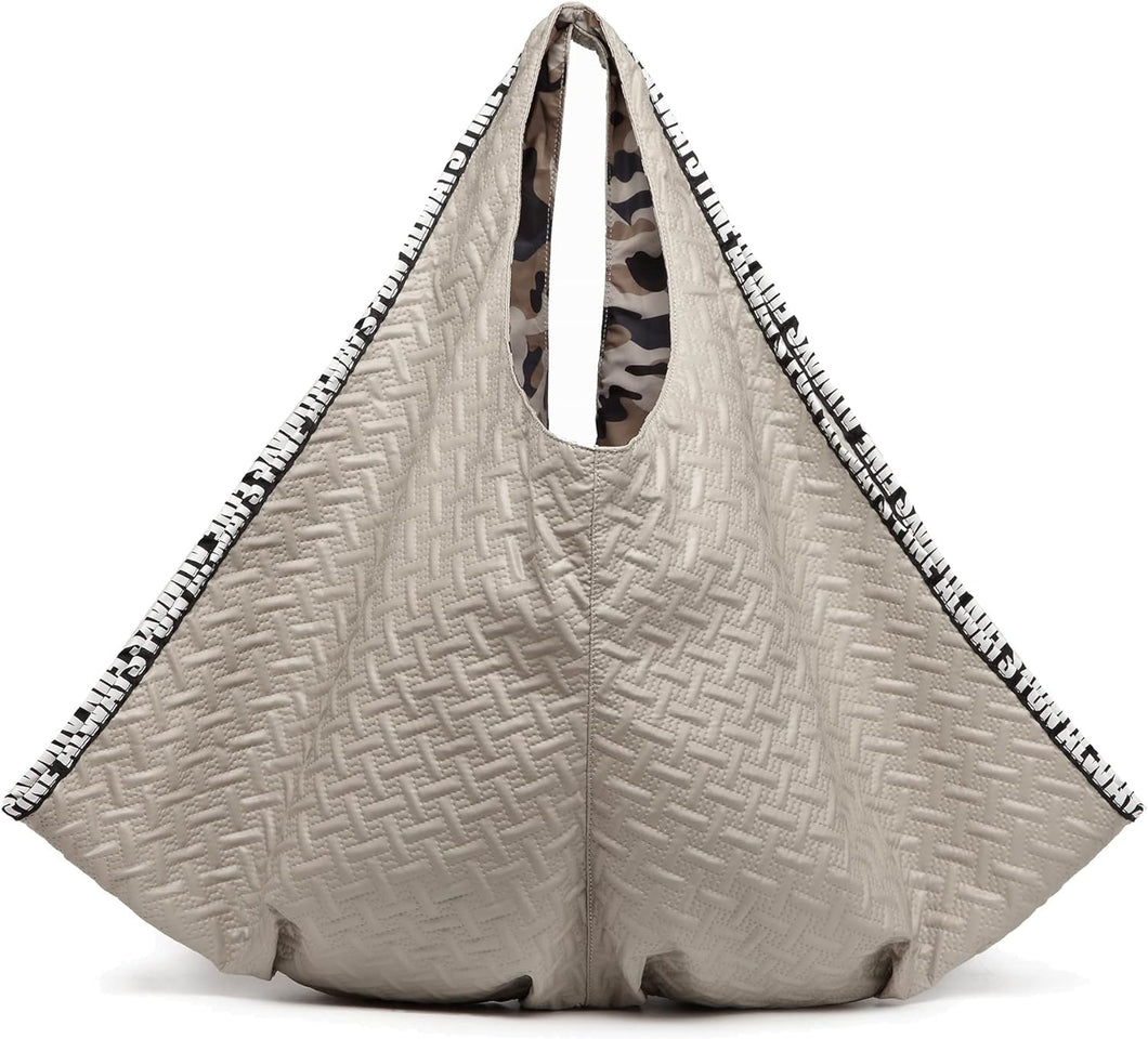 Beige Textured Faux Leather Reversible Hobo Handbag