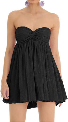 Sweetheart Black Pleated Ruffled Strapless Mini Dress