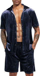 Men's Turquoise Velour Short Sleeve Shirt & Shorts Set