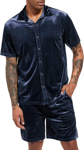 Men's Black Velour Short Sleeve Shirt & Shorts Set