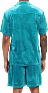 Men's Navy Blue Velour Short Sleeve Shirt & Shorts Set