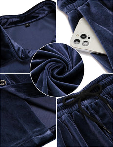 Men's Navy Blue Velour Short Sleeve Shirt & Shorts Set