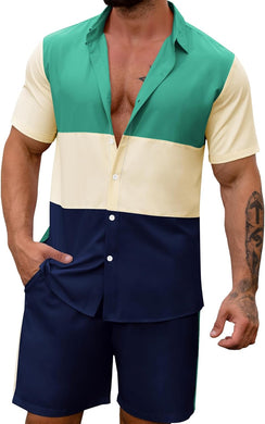 Men's Green Color Block Button Up Shirt & Shorts Set