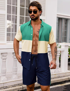 Men's Green Color Block Button Up Shirt & Shorts Set