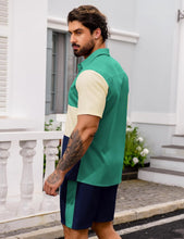 Load image into Gallery viewer, Men&#39;s Green Color Block Button Up Shirt &amp; Shorts Set