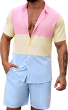 Load image into Gallery viewer, Men&#39;s Pink Color Block Button Up Shirt &amp; Shorts Set