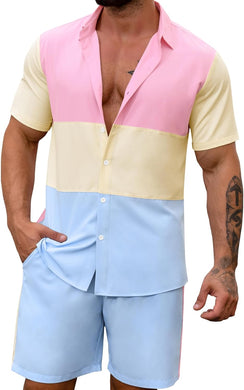 Men's Pink Color Block Button Up Shirt & Shorts Set