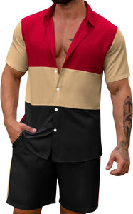 Men's Red Color Block Button Up Shirt & Shorts Set