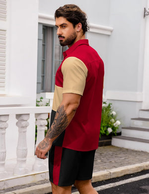 Men's Red Color Block Button Up Shirt & Shorts Set