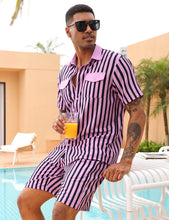 Load image into Gallery viewer, Men&#39;s Retro Striped Black Short Sleeve Shirt &amp; Shorts Set